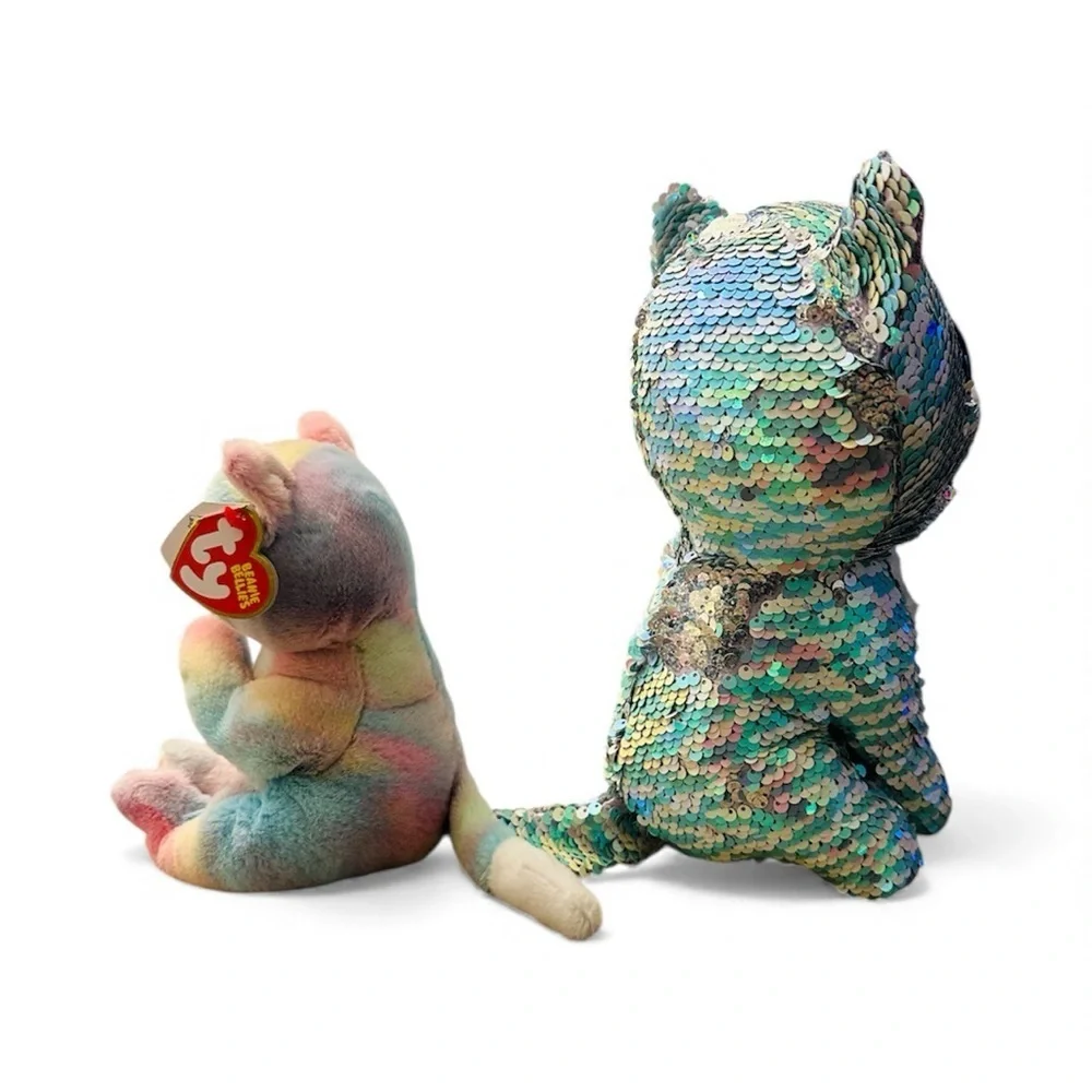 Ty Flippables Whimsy Sequin Cat Plush & Ty Jenni the Rainbow Cat